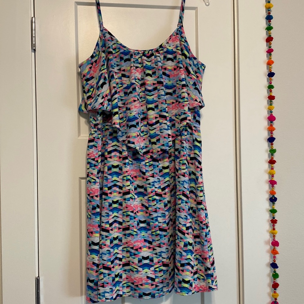 Fun bright dress with cinched waist and upper ruffle